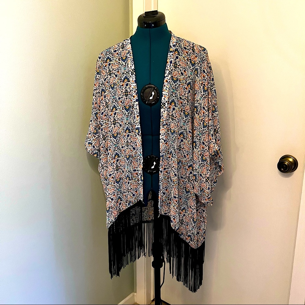 Floral boho kimono shawl with black fringe